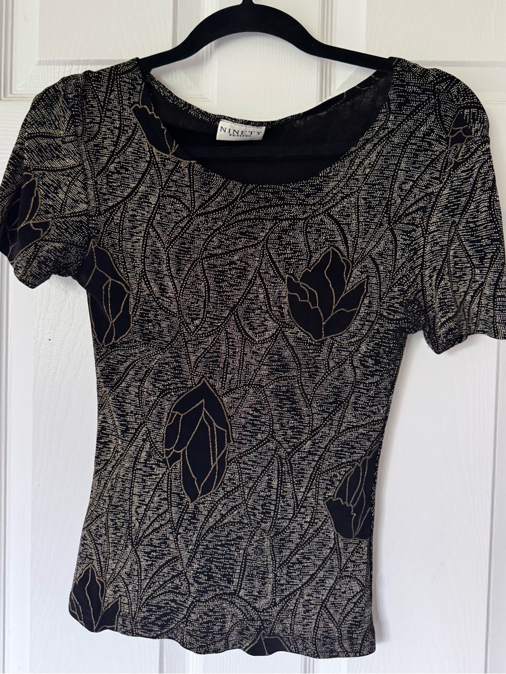 Ninety Black Short Sleeve Top with Gold Leaf Motif